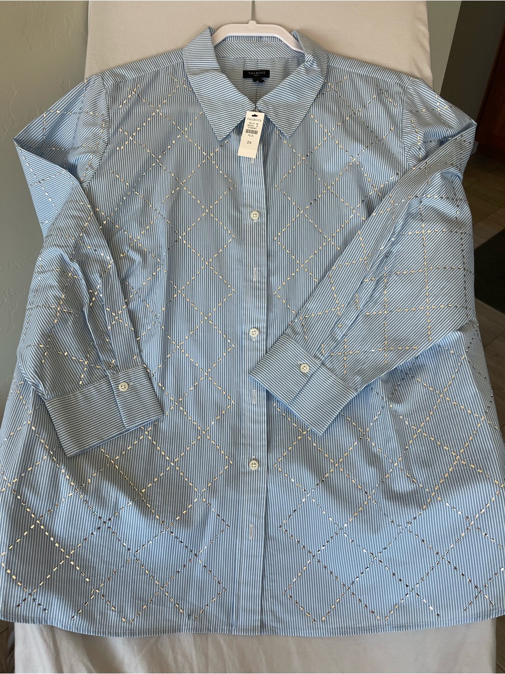 Talbots Blue Pinstripe Button-Front Shirt with Diamond Stitch Detail